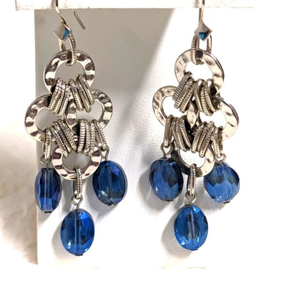 Vintage & Blue Bead & Silvertone Dangle Pierced Earrings - Picture 2 of 6